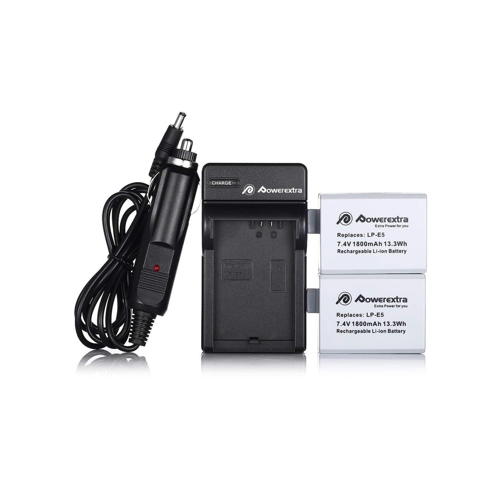 Powerextra 2 Pack Replacement Canon LP-E5 Battery and Charger Compatible with Canon EOS Rebel XS Rebel T1i Rebel XSi 1000D 500D 450D Kiss X3 Kiss X2 Kiss F- Free Car Charger Available