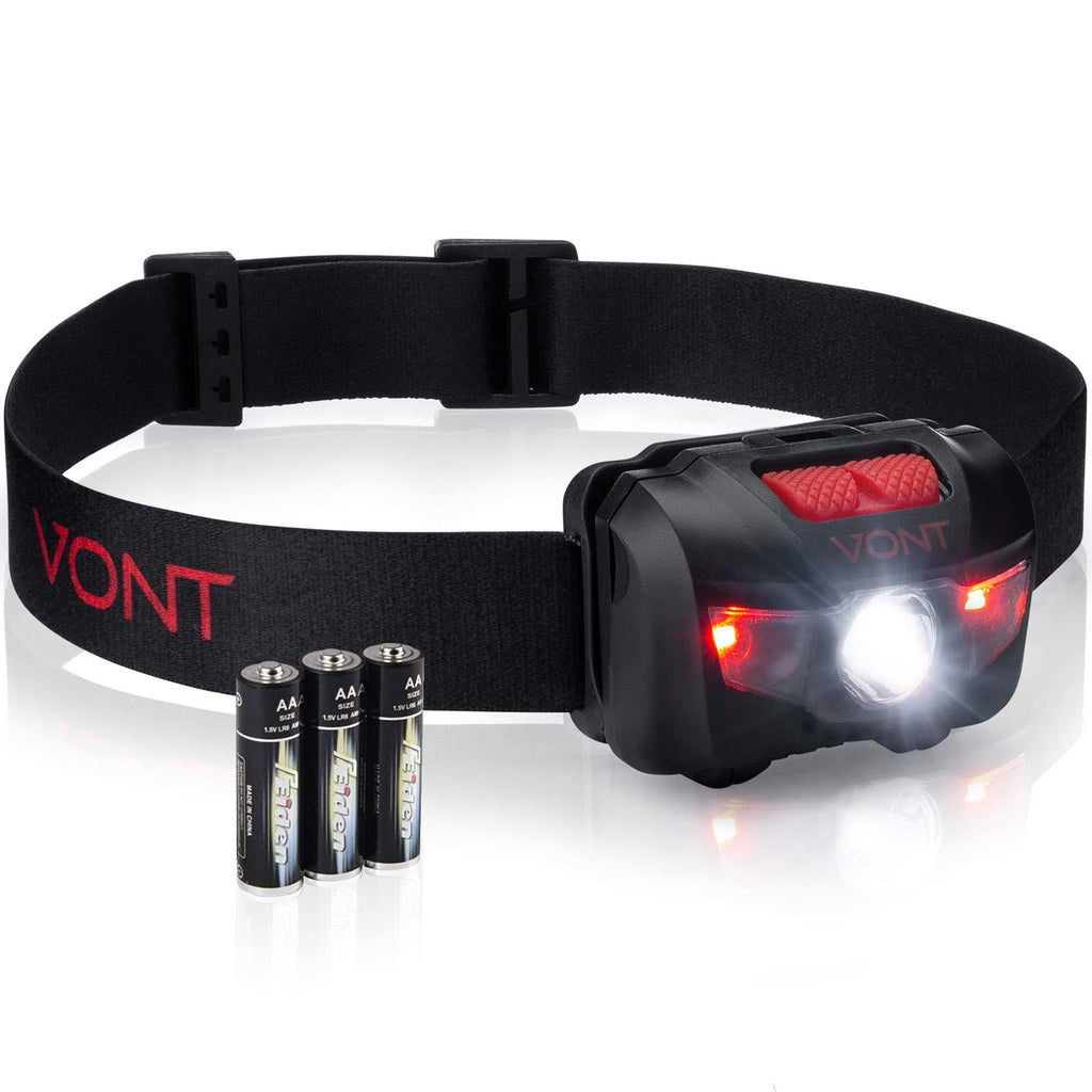 Vont LED Headlamp, Super Bright LEDs, Compact Build, 5 Modes, Headlight with White-Red LEDs, Comfy Adjustable Strap, IPX4 Waterproof, Use Head Lamp for: Running, Camping, Hiking Black & Red