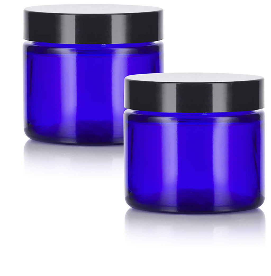 Cobalt Blue Glass Straight Sided Jar With Black Smooth Lids - 2 oz / 60 ml Airtight, Smell Proof, BPA Free (2 pack) 2 Pack