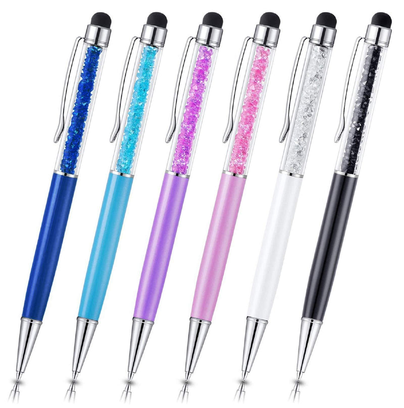 Stylus Pens, Besgoods 6Pcs Crystal 2 in 1 Slim Capacitive Stylus &Ballpoint Pen for Touch Screens, iPhone 7 8 Plus x, iPad, Samsung Galaxy, Tablets, Sky Blue Pink Purple Royal Blue Black White