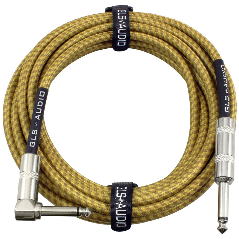 [AUSTRALIA] - GLS Audio 20 Foot Guitar Instrument Cable - Right Angle 1/4 Inch TS to Straight 1/4 Inch TS 20 FT Brown Yellow Tweed Cloth Jacket - 20 Feet Pro Cord 20' Phono 6.3mm - Single 
