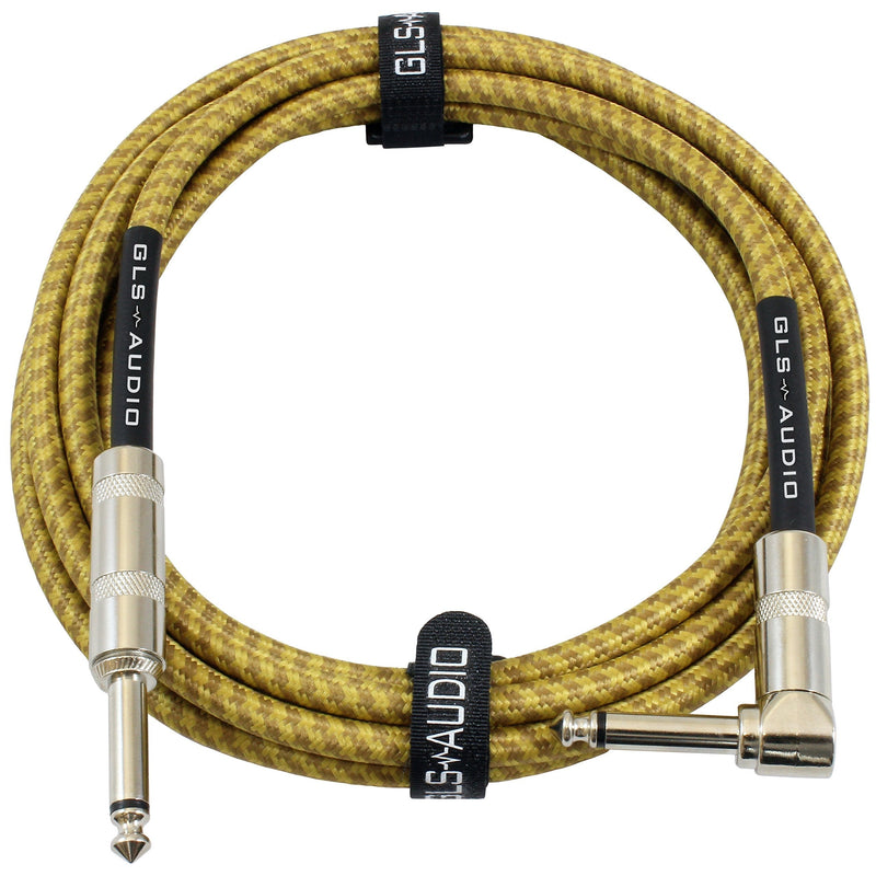 [AUSTRALIA] - GLS Audio 10 Foot Guitar Instrument Cable - Right Angle 1/4 Inch TS to Straight 1/4 Inch TS 10 FT Brown Yellow Tweed Cloth Jacket - 10 Feet Pro Cord 10' Phono 6.3mm - Single 
