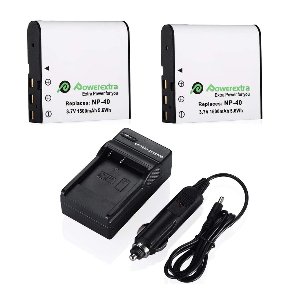 Powerextra 2 x NP-40 Battery and Charger Compatible with Casio NP-40, Casio Exilim EX-Z600, EX-Z750, EX-Z1000, EX-Z1050, EX-Z1080, EX-Z1200, Kodak AZ421(Free Car Charger Available)