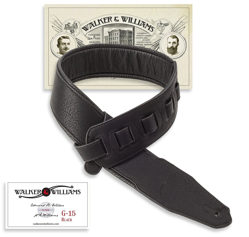 Walker & Williams G-15 Black Leather Natural Texture Guitar Strap with Thick Padding