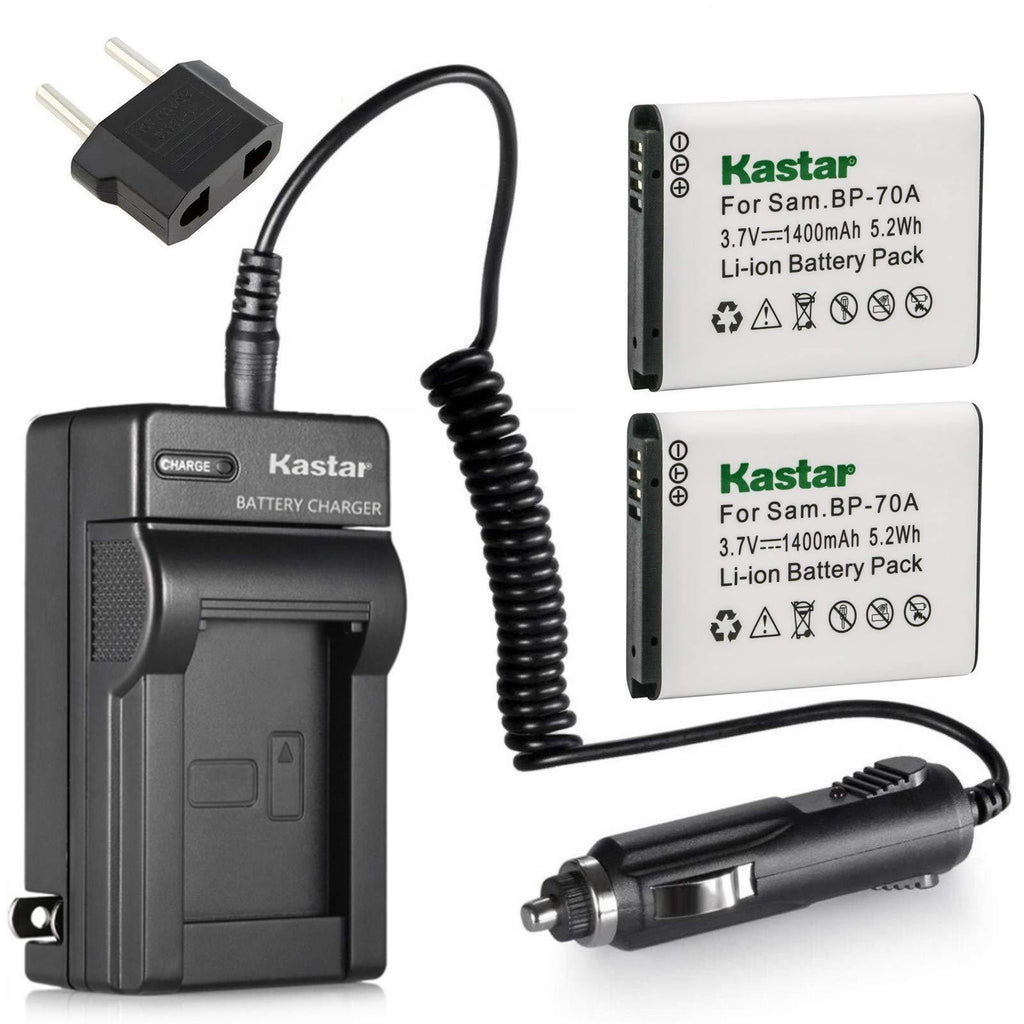 Kastar Battery 2x & Travel Charger for Samsung BP-70A BP70A ST95 ST100 ST150F ST700 ST6500 SL50 SL600 SL605 SL630 WB30F WB35F WB50F ES70 ES80 MV800 DV150F PL20 PL80 PL120 PL170 PL200 TL105 TL110 TL205