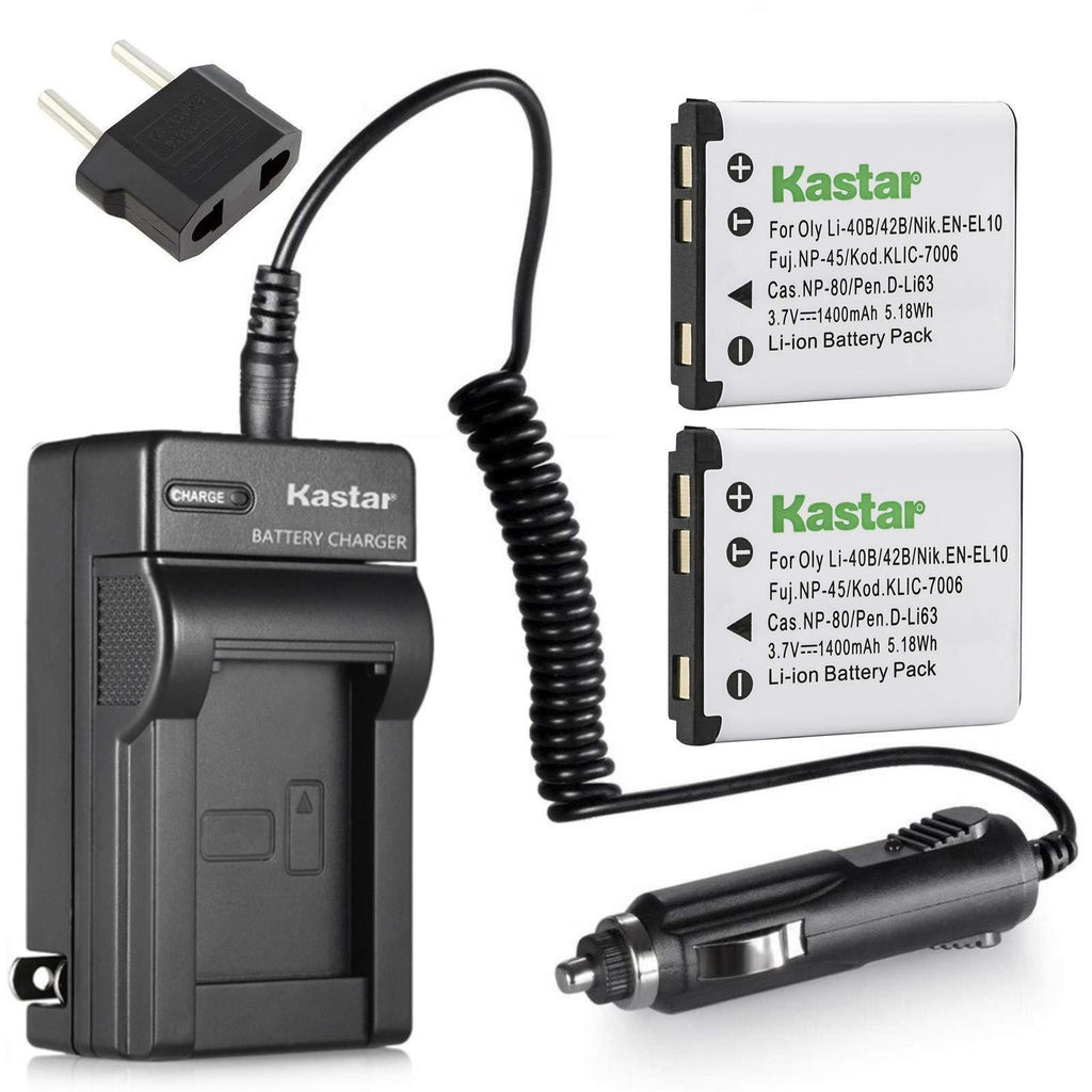 Kastar Battery 2-Pack + Charger for Fujifilm NP-45 NP-45A NP-45B NP-45S and Fujifilm FinePix XP20 XP22 XP30 XP50 XP60 XP70 XP80 XP90 XP120 T350 T360 T400 T500 T510 T550 T560 JX500 JX520 JX550 JZ310