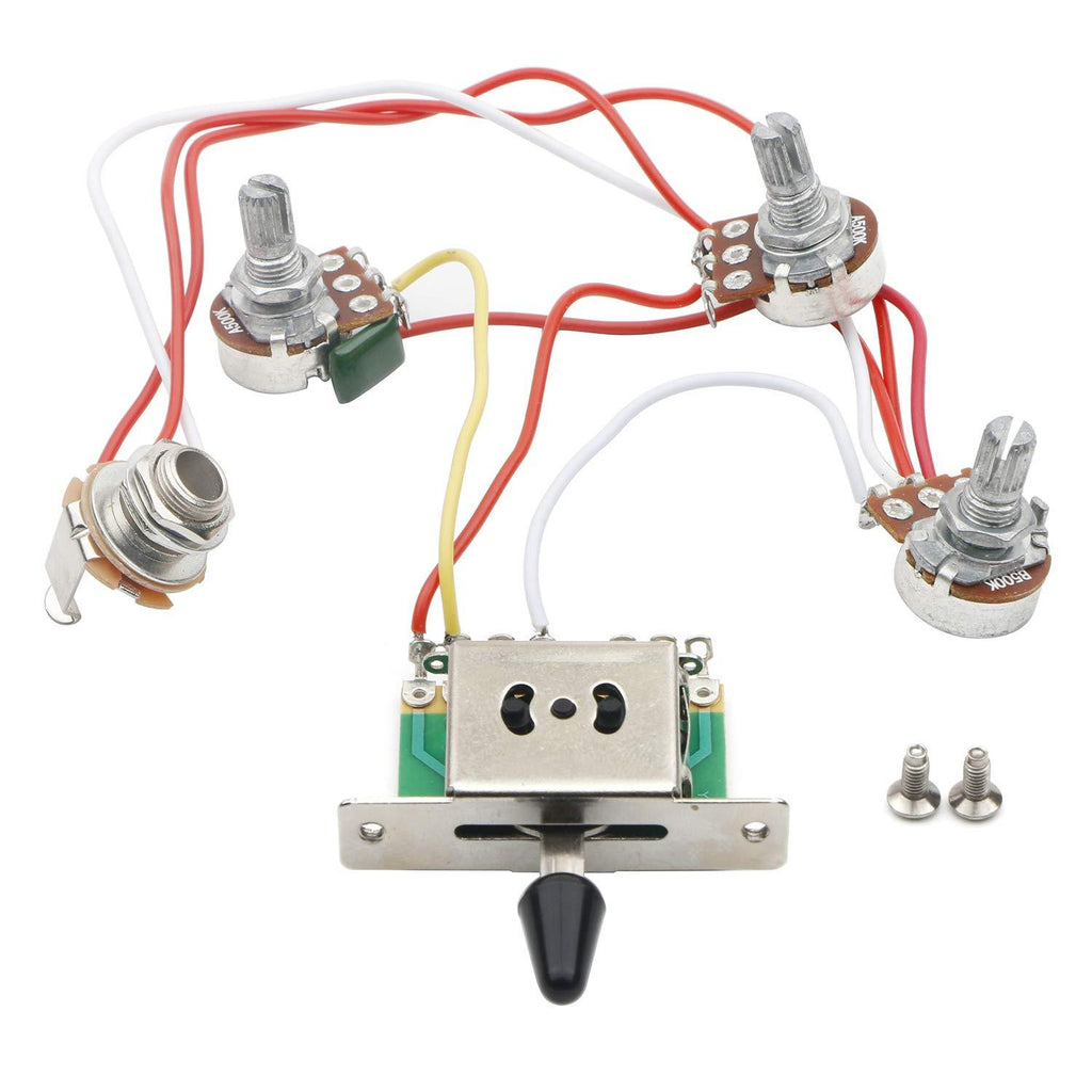 JIUWU Strat Guitar Wiring Harness Prewired 3x 500k Pots 1 Volume 2 Tone Control Knobs 5 Way Switch