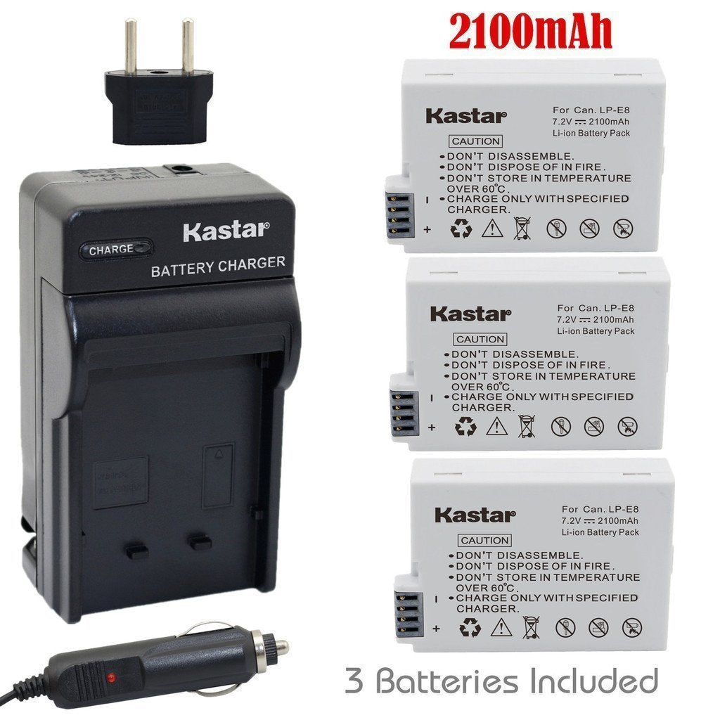 Kastar Battery (3-Pack) and Charger Kit Replacement for LP-E8, LPE8, LC-E8E EOS 550D, EOS 600D, EOS 700D, EOS Rebel T2i, EOS Rebel T3i, EOS Rebel T4i, EOS Rebel T5i Cameras and BG-E8 Grip