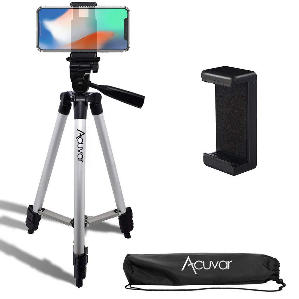 Acuvar 50" Inch Aluminum Camera Tripod with Quick Release + Universal Smartphone Mount for iPhone 12, iPhone 12 Mini, iPhone 12 PRO Max, iPhone 11 Pro, 11 Pro Max, Xs, SE 2, Xr, X, 8, 8+ and Android