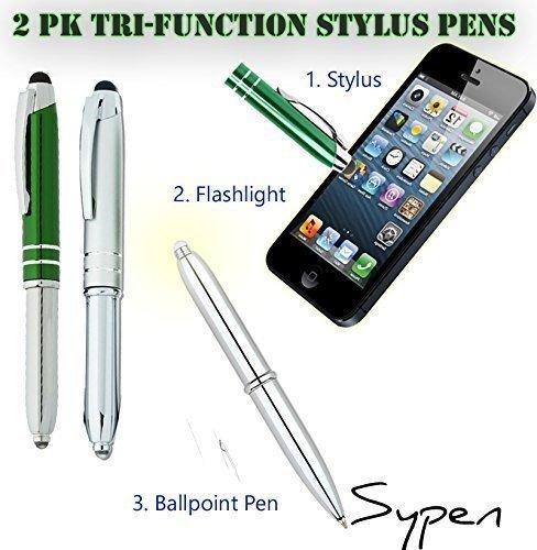 2 Pack Tri-Function Stylus Ballpoint Flashlight Capacitive Styli Pen for Any Touchscreen iPhone, iPad, Tablet & Android Devices (Green/Blue)