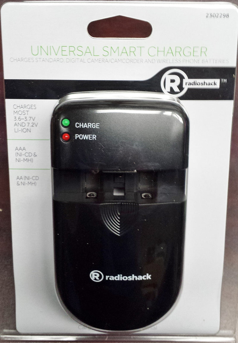 RadioShack Unversal Smart Charger - Top quality - Home and Car adapters included - Easy to use - Charges most 3.6-3.7v and 7.2v Li-ion batteries. Charges 2 AA or AAA Ni-cad or Ni-mh batteries - Simple and Easy to use - 2302298 - Great for Camcorder - C...