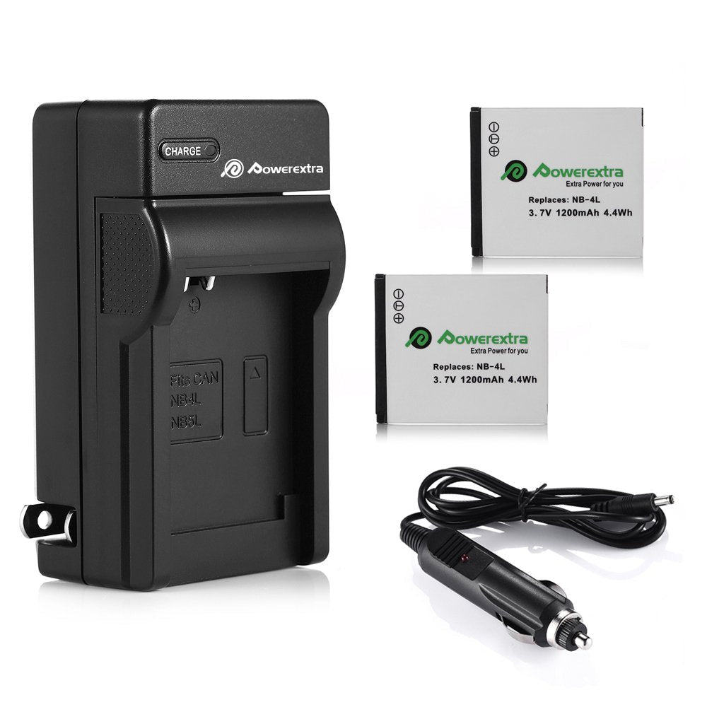 Powerextra 2 Pack Battery and Charger Compatible With Canon NB-4L, CB-2LV and Canon ELPH 330 HS, ELPH 300 HS, VIXIA mini, ELPH 100 HS, ELPH 310 HS, Powershot SD1400 IS, SD750, SD1000, SD600, SD1100 IS