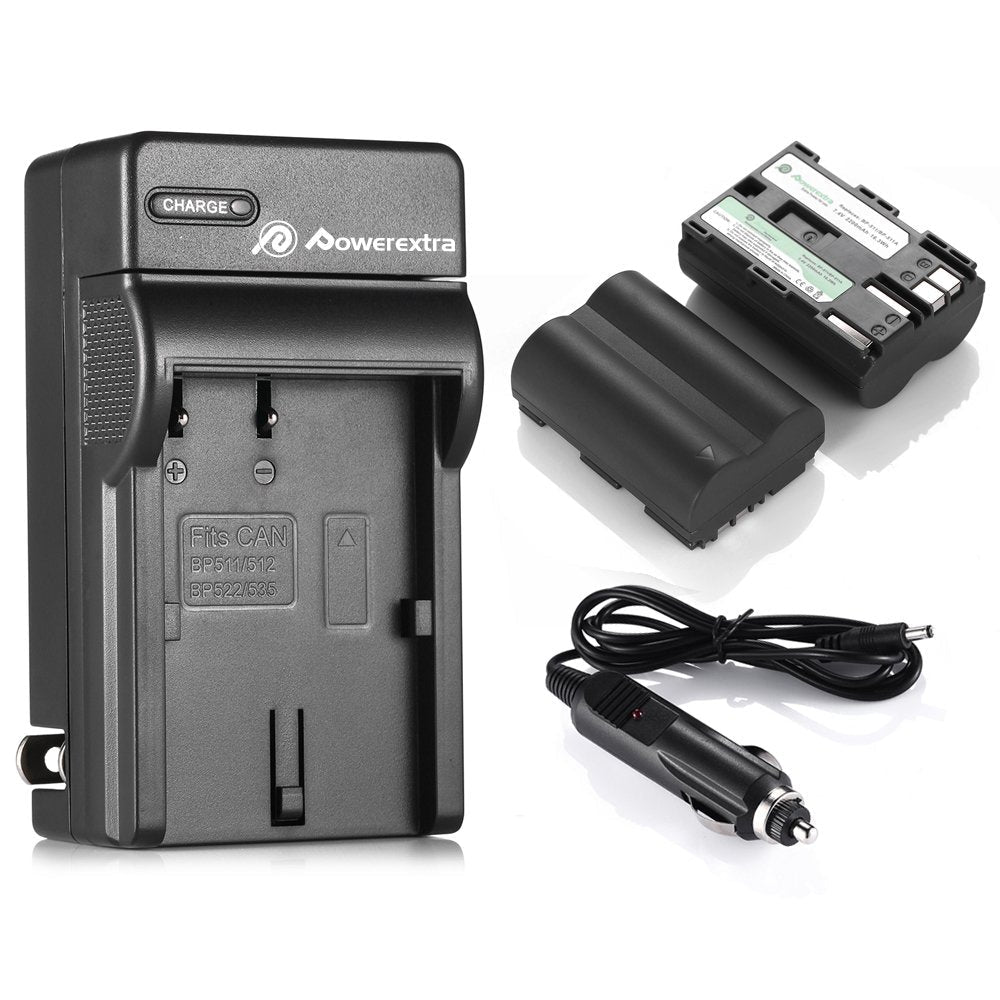 Powerextra 2 Pack Replacement Canon BP-511, BP-511A Battery and Charger Compatible with Canon EOS 5D 10D 20D 20Da 30D 40D 50D 300D D30 D60 Rebel PowerShot G1 G2 G3 G5 G6 Pro 1 Pro 90 Pro 90IS