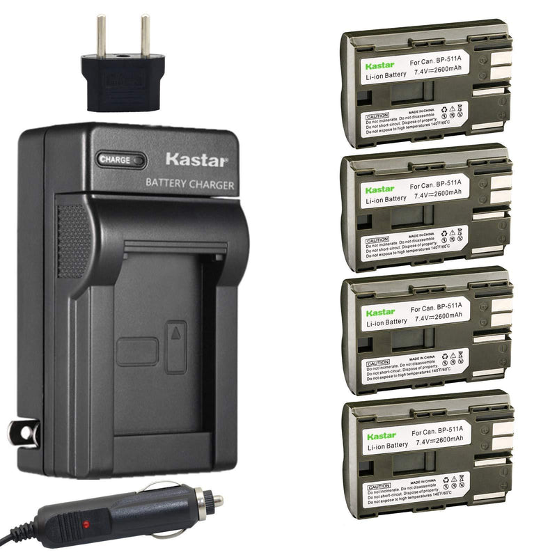 Kastar Battery (4-Pack) and Charger for Canon BP-511, BP-511A, BP511, BP511A and EOS 5D, 10D, 20D, 30D, 40D, 50D, Digital Rebel 1D, D60, 300D, D30, Kiss Powershot G5, Pro 1, G2, G3, G6, G1, Pro90 etc.