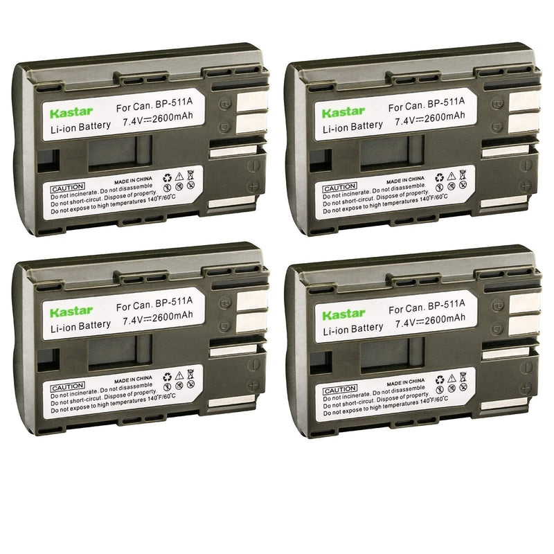 Kastar Battery 4-Pack Replacement for BP-511, BP-511A, BP511, BP511A and EOS 5D, 10D, 20D, 30D, 40D, 50D, Digital Rebel 1D, D60, 300D, D30, Kiss Powershot G5, Pro 1, G2, G3, G6, G1, Pro90 etc.