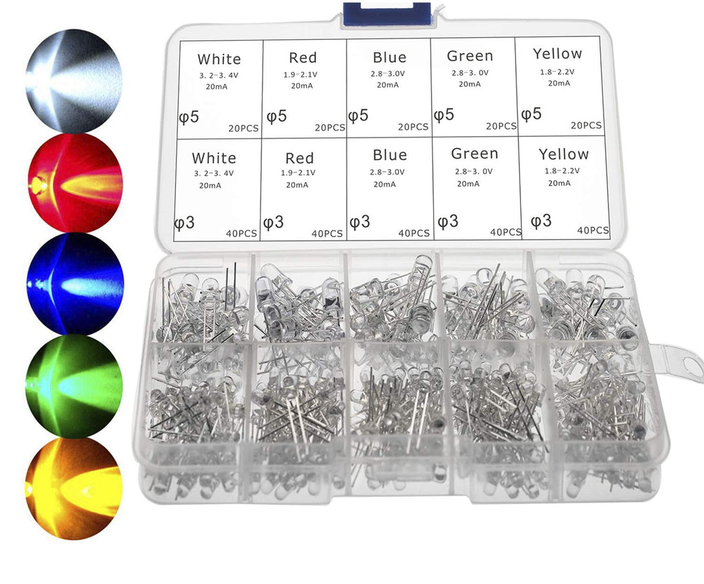 3mm and 5mm LED Lights Emitting Diodes Assortment Set Kit for Arduino Bright White Red Blue Green Yellow, 300-Pack