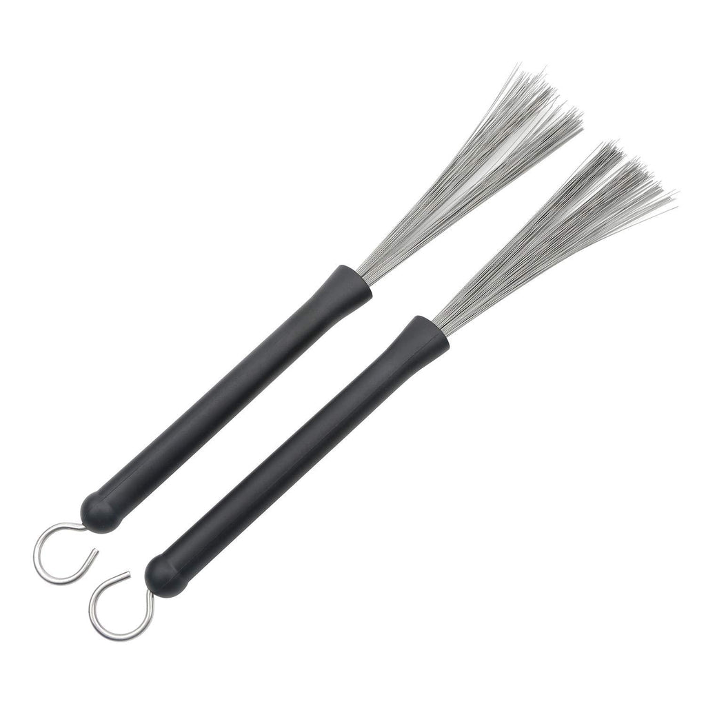Retractable Black Rubber Handles Loop End Metal Wire Drum Brushes Sticks Pack of 2