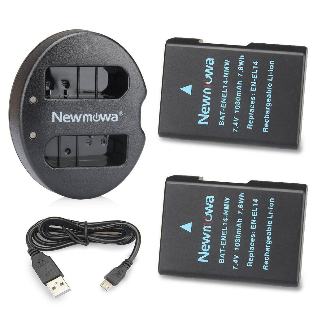 Newmowa EN-EL14 EN-EL14A Replacement Battery (2 Pack) and Dual USB Charger for Nikon EN-EL14, EN-EL14a and Nikon P7000, P7100, P7700, P7800, D3100, D3200, D3300, D3500,D5100, D5200, D5300, Df