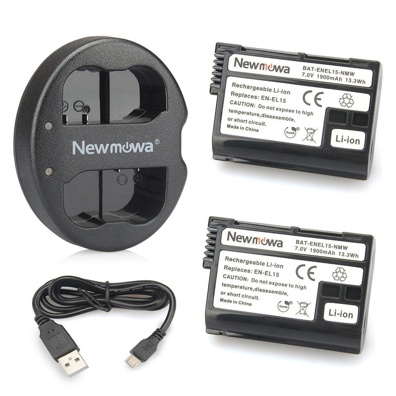 Newmowa EN-EL15 Replacement Battery (2 Pack) and Dual USB Charger for Nikon EN-EL15 EN-EL15A and Nikon 1 V1,D600,D610,D750,D800,D800E,D810,D7000,D7100,D7200,D7500,Z6,Z7