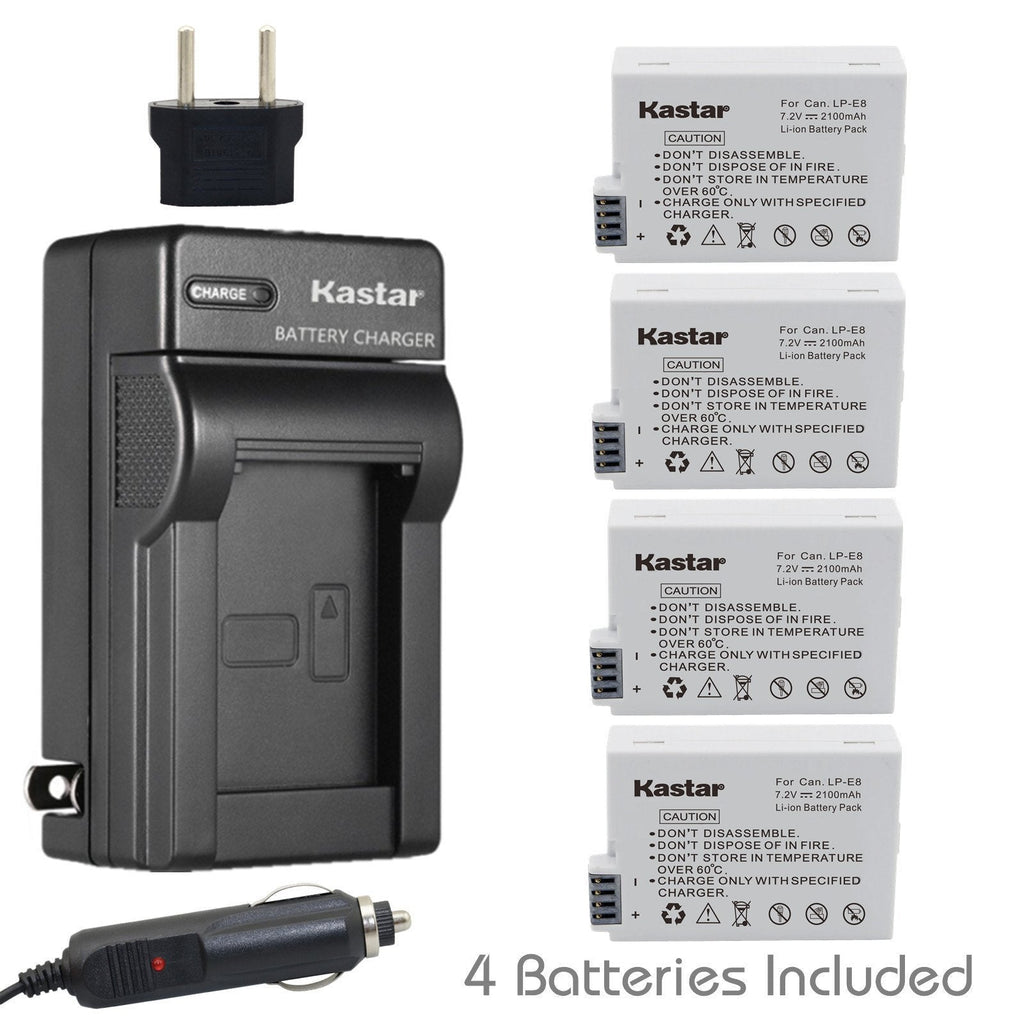 Kastar Battery (4-Pack) and Charger Kit Replacement for LP-E8, LPE8, LC-E8E, EOS 550D, EOS 600D, EOS 700D, EOS Rebel T2i, EOS Rebel T3i, EOS Rebel T4i, EOS Rebel T5i Cameras and BG-E8 Grip
