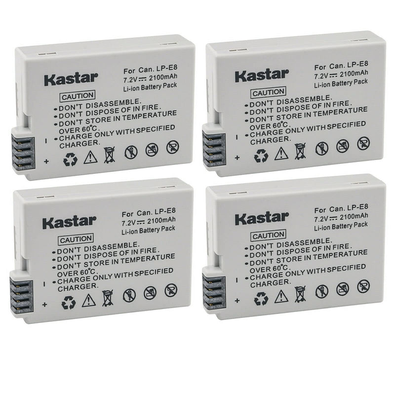Kastar 4-Pack Battery Replacement for Canon LP-E8, LPE8 Battery, LC-E8ECharger, EOS 550D, EOS 600D, EOS 700D, EOS Rebel T2i, EOS Rebel T3i, EOS Rebel T4i, EOS Rebel T5i Camera and BG-E8 Grip