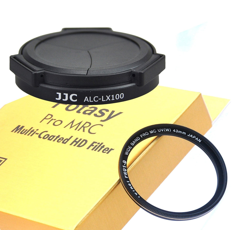 JJC Black Auto SELF-RETAINING Protective Lens Cap for Panasonic Lumix LX100 / LX100 II/Leica D-LUX Typ 109 D-LUX 7, LX100II Mark II M2, D LUX 7 Digital Camera Lense Cap, 43mm MRC Nano MC UV Filter Cap UV Filter