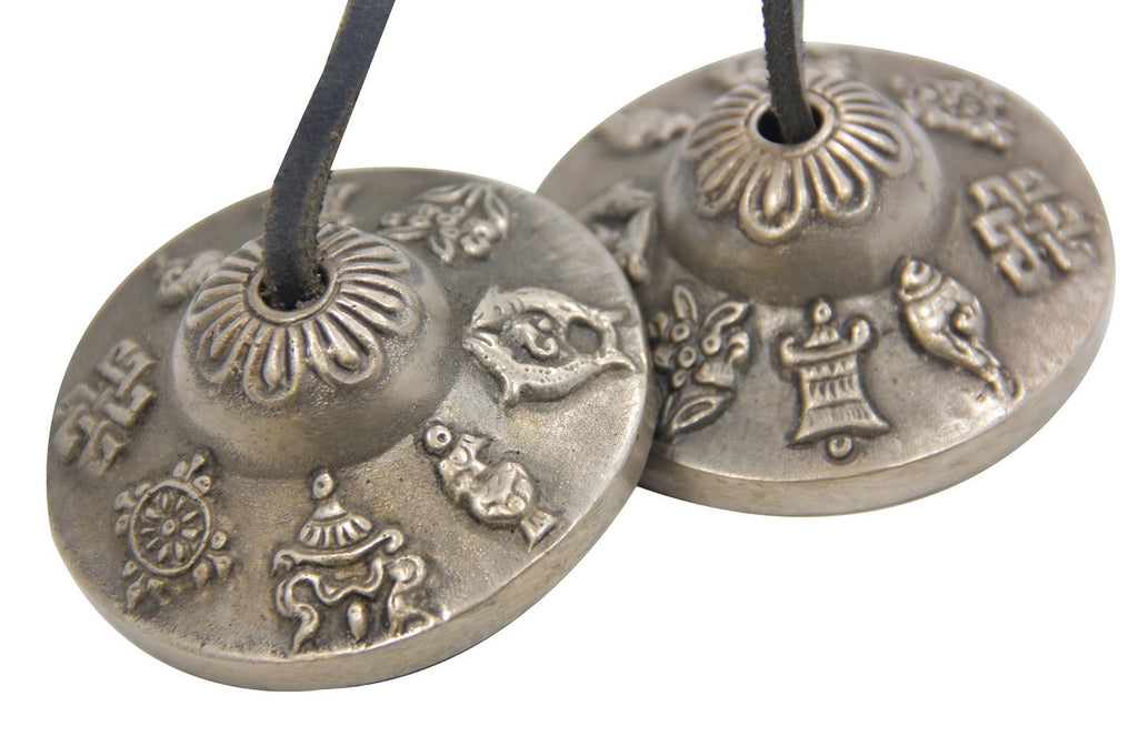 DharmaObjects Tibetan Premium Quality"8 Lucky Symbols" Tingsha Cymbals 2.25" With Pouch Medium 8 Lucky Symbol
