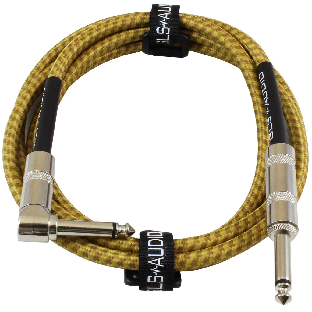 [AUSTRALIA] - GLS Audio 6 Foot Guitar Instrument Cable - Right Angle 1/4-Inch TS to Straight 1/4-Inch TS 6 FT Brown Yellow Tweed Cloth Jacket - 6 Feet Pro Cord 6' Phono 6.3mm - Single 