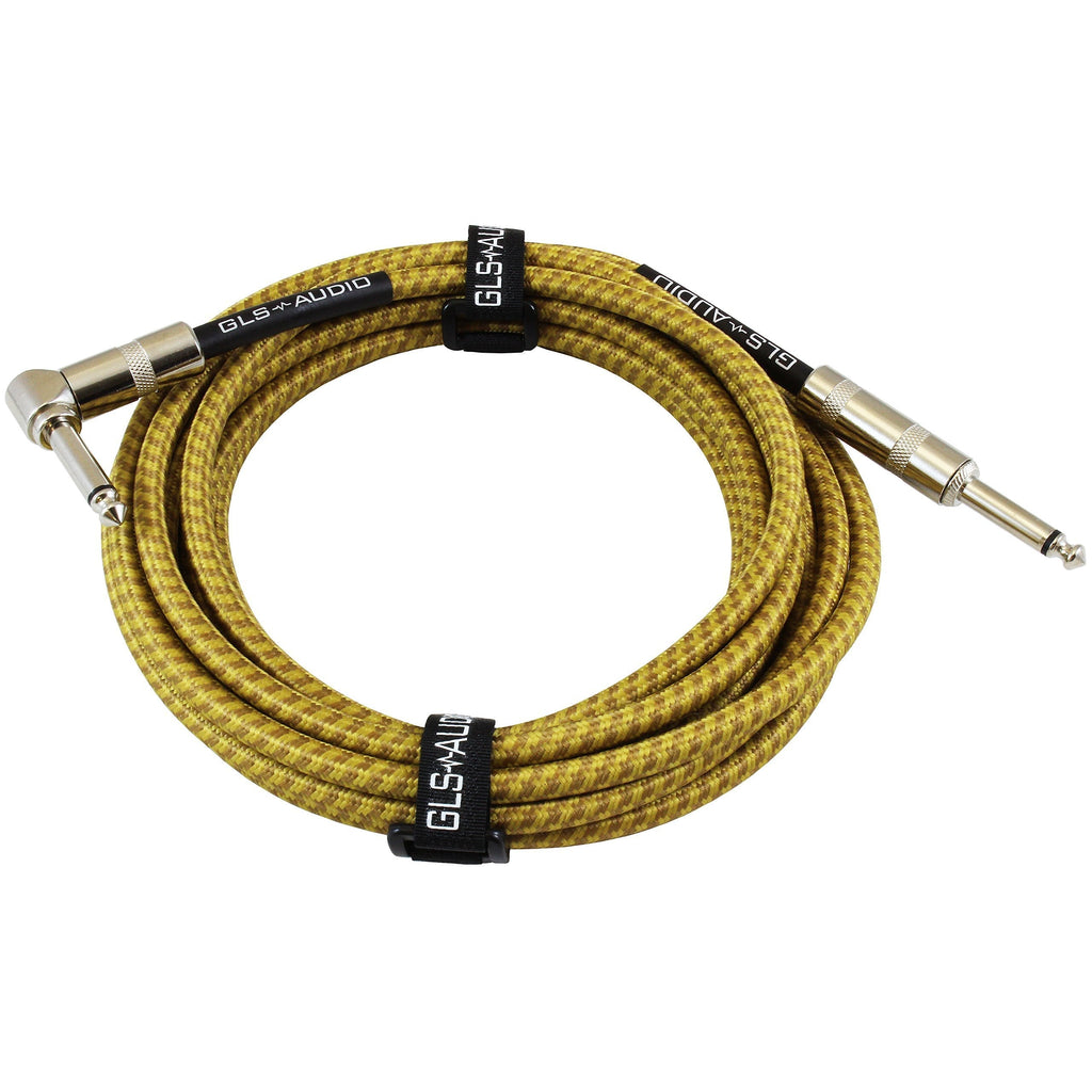 [AUSTRALIA] - GLS Audio 15 Foot Guitar Instrument Cable - Right Angle 1/4-Inch TS to Straight 1/4-Inch TS 15 FT Brown Yellow Tweed Cloth Jacket - 15 Feet Pro Cord 15' Phono 6.3mm - Single 