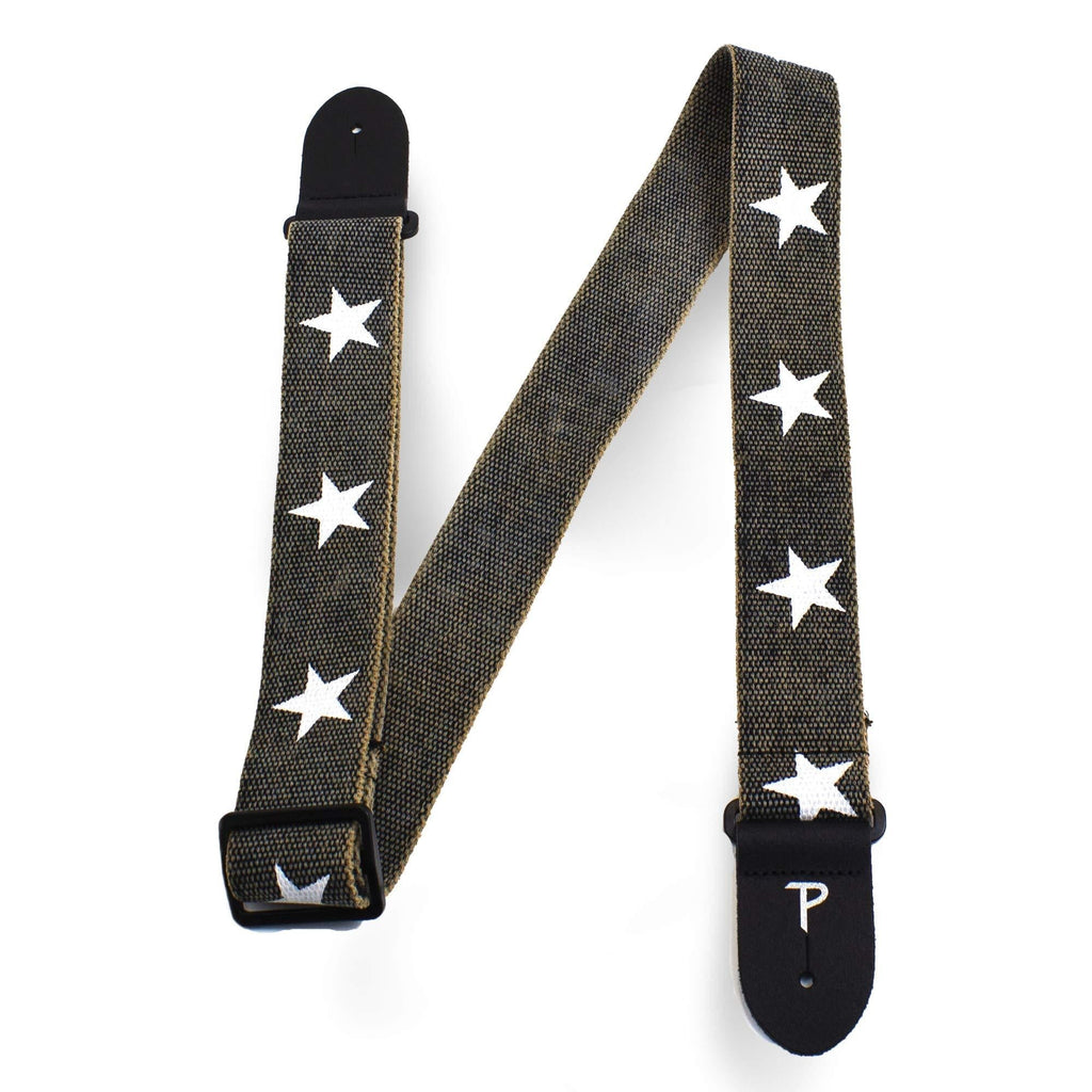 Perris Leathers - White Stars on Distressed Grey Cotton Guitar Strap With Leather Ends, Deluxe Cotton Material, Adjustable Length 39in to 58in, 2in Wide Strap Brown