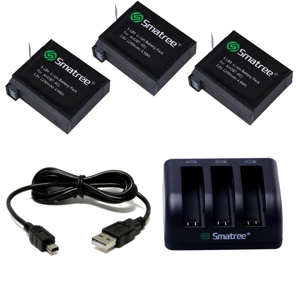 Smatree Battery (3 Pack) and 3-Channel Charger Compatible for Gopro Hero 4 (NOT for Hero 5)