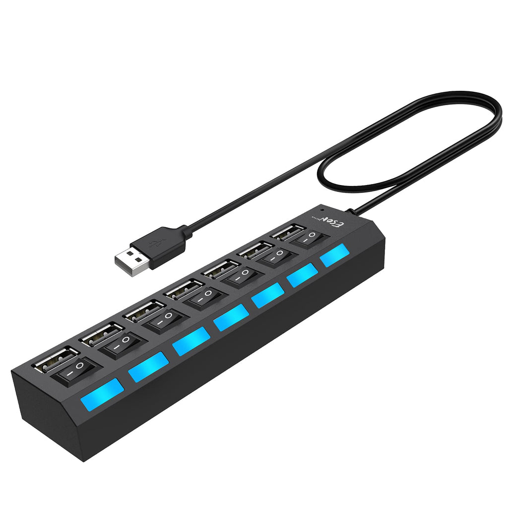 7-Port USB Hub USB 2.0 Hub Data Transfer with Individual Switches Indicator Lights for PC Laptop (Black-2) black-2