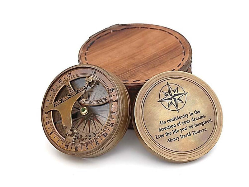 Roorkee Vintage Brass Compass with Leather Case/ Henry David Thoreau Directional Magnetic Compass for Navigation/Sundial Compass for Camping, Hiking, Touring
