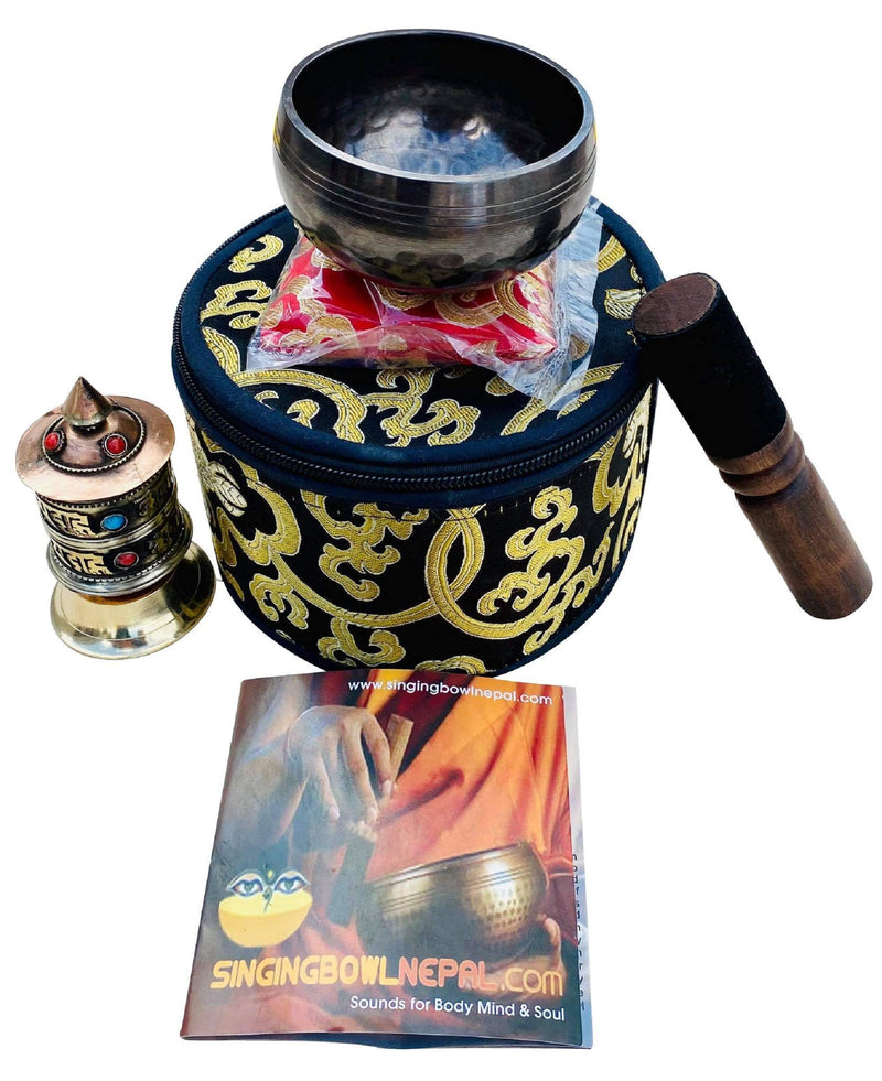 Hand Beaten C Root Chakra Tibetan Meditation Yoga Singing Bowl 3 Inch Set Includes Free Table Top Prayer Wheel