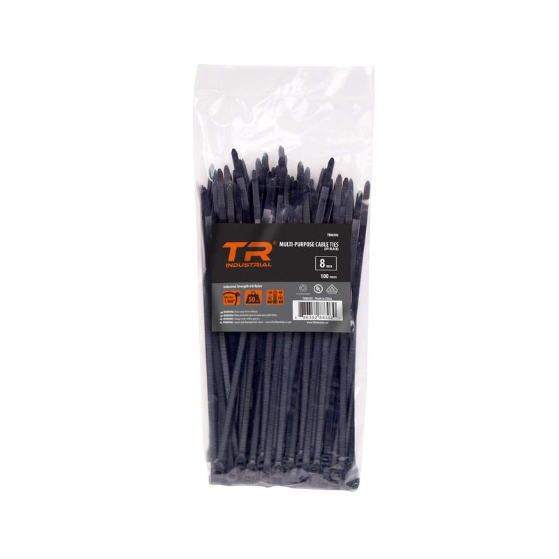 TR Industrial Multi-Purpose UV Resistant Black Cable Ties, 8 inches, 100 Pack 8"