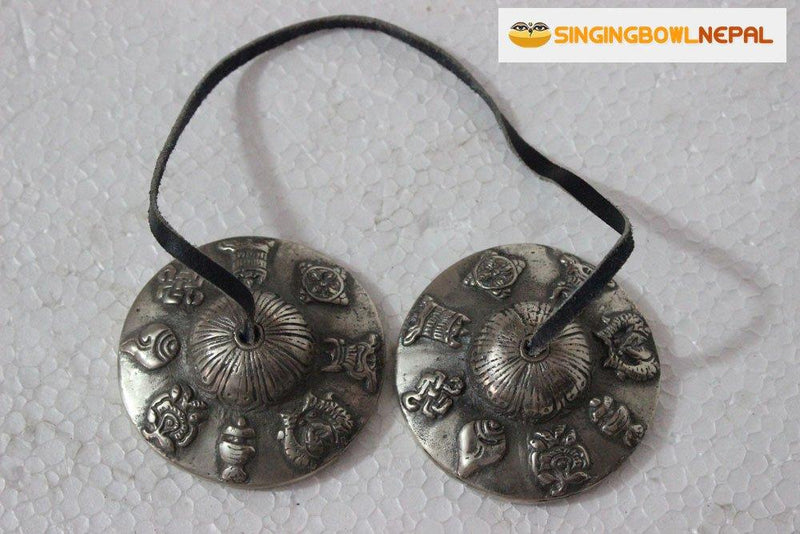 Tibetan Tingsha Meditation Bell - 8 Auspicious Symbols Beautifully Embossed on the Surfaces - Hand Tuned & Crafted in Nepal