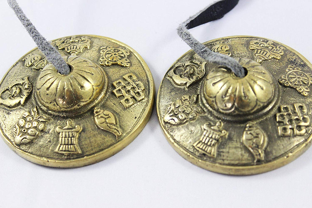 2.6" Tibetan Tingsha Meditation Bell - 8 Auspicious Symbols Beautifully Embossed on the Surfaces - Hand Tuned & Crafted in Nepal