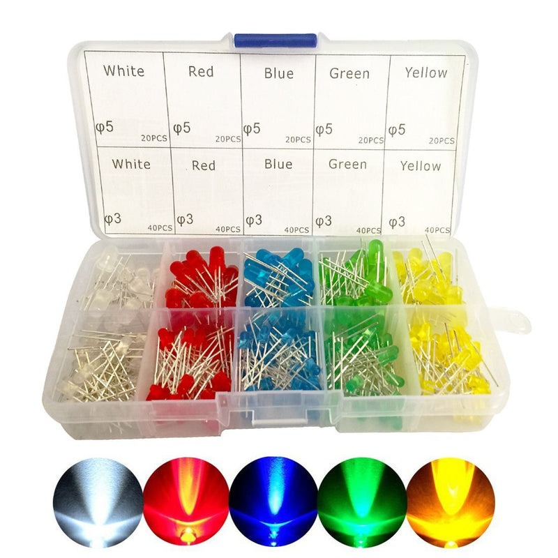 CO RODE 300 Pieces LED Diode, 5mm LED, 3mm LED Kit with Color White Red Blue Green Yellow (5 Colors)