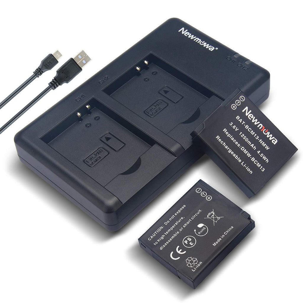 Newmowa DMW-BCM13 Battery (2 Pack) and Dual USB Charger Kit for Panasonic DMW-BCM13,DMW-BCM13E,DMW-BCM13PP and Panasonic Lumix DC-TS7,DMC-FT5,DMC-LZ40,DMC-TS5,DMC-TZ37,DMC-TZ40,DMC-TZ41