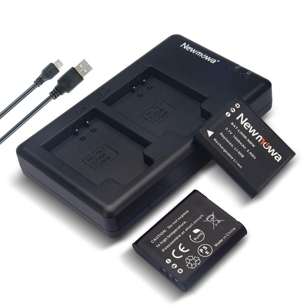 Newmowa Li-90B Battery (2 Pack) and Dual USB Charger Kit for Olympus Li-90B, Li-92B and Olympus SH-1, SH-50 iHS, SH-60, SP-100, Tough TG-1 iHS, TG-2 iHS, TG-3, TG-5, and for Ricoh GR III, WG-6