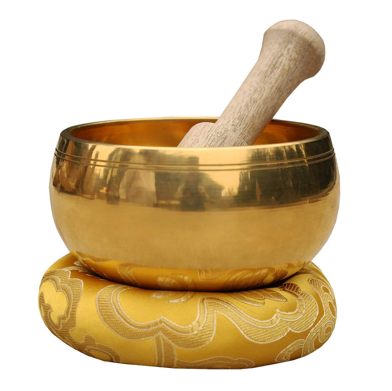 DharmaObjects Tibetan Ring Gong Meditation Singing Bowl Mallet Cushion Set Small