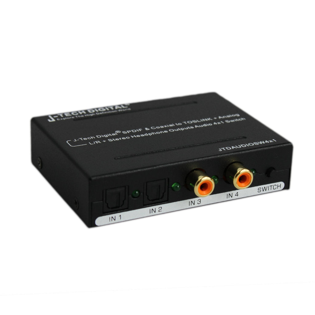 J-Tech Digital Optical SPDIF/Coaxial Digital to RCA L/R Analog Audio Converter 4x3 Switch with 3.5mm Jack Support Headphone/Speaker Outputs (JTDAUDIOSW4x1)
