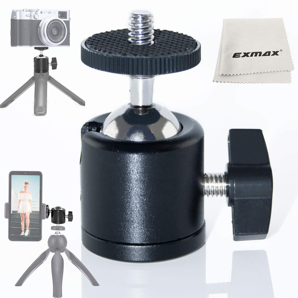 EXMAX 360 Degree Aluminum Alloy Body Rotating Swivel Mini Tripod Ball Head with 1/4" Screw Thread Base Mount for Lighter DSLR Camera Camcorder LED Light Bracket Hiking HTC Vive (Black) Black