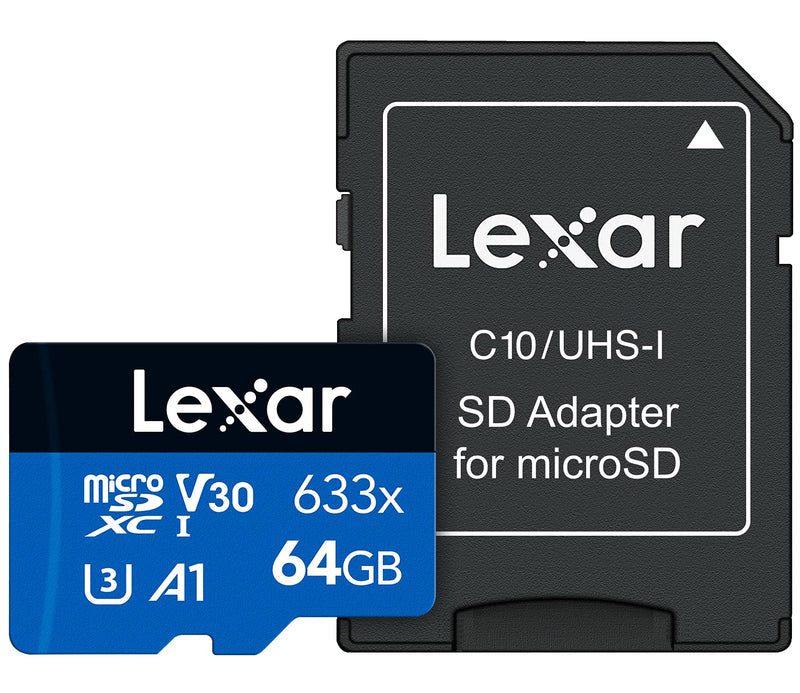 Lexar High-Performance 633x 64GB microSDXC UHS-I Card w/ SD Adapter, Up To 100MB/s Read, for Smartphones, Tablets, and Action Cameras (LSDMI64GBBNL633A) Single