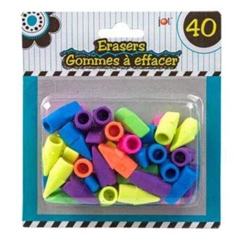 Pencil Top Erasers Bright Assorted Colors Pack of 40