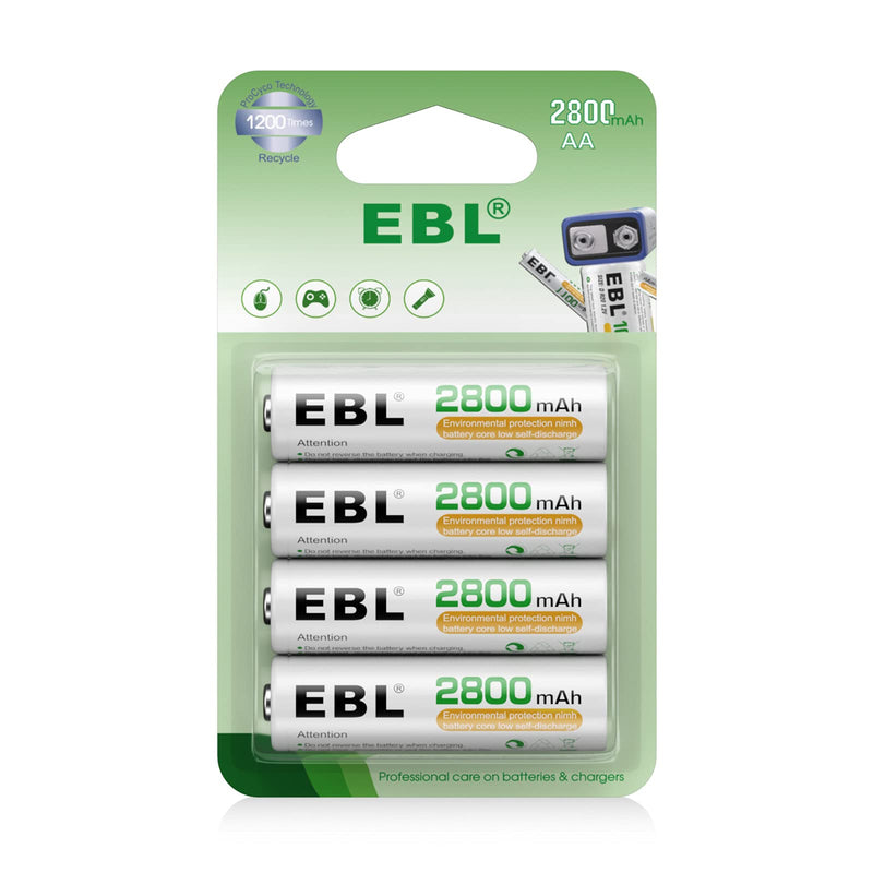 EBL 4Packs AA Batteries Rechargeable 2800mAh High Capacity Double Rechargeable AA Ni-MH Battery New Retail Package 4 Pack AA