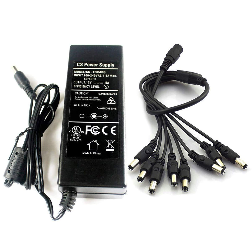 12V 5A Power Supply Adapter with 8 Way Splitter Cable for CCTV Security Camera DVR NVR Led UL Listed FCC