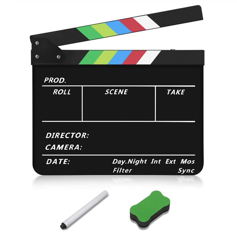 Flexzion Acrylic Plastic Clapboard Director's Clapper Board Dry Erase Cut Action Scene Slateboard for Hollywood Camera Film Studio Home Movie Video 10x12" with Color Sticks