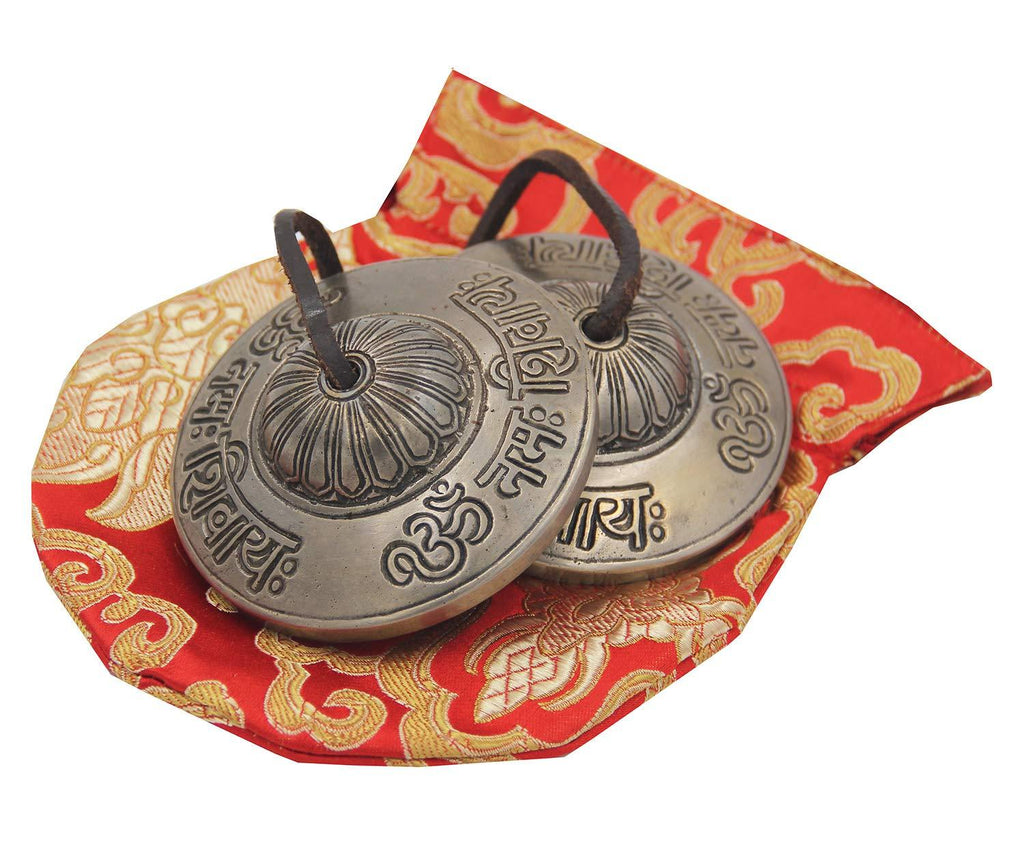 DharmaObjects Tibetan Premium Large Quality"Om Namah Shivaya" Tingsha Cymbals 3" With Pouch Om Lotus