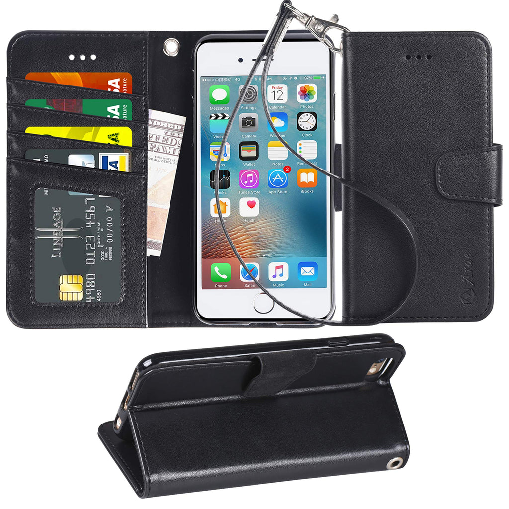 Arae Case for iPhone 6s / iPhone 6, Premium PU Leather Wallet case [Wrist Strap] Flip Folio [Kickstand Feature] with ID&Credit Card Pockets for iPhone 6s / 6 4.7 inch (Black) Black